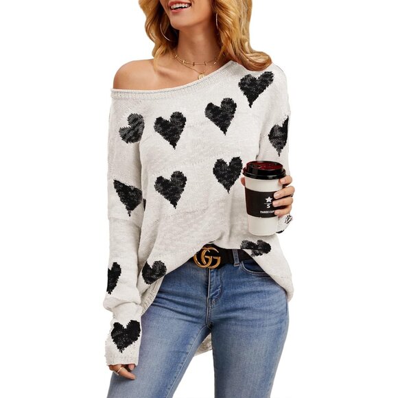 Womens Knit Sweater Heart Print Oversized Off Shoulder Casual Fall Winter - Picture 1 of 5